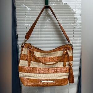 Brahmin Norah Vineyard Raffia and Embossed Whiskey Leather Hobo Handbag Purse